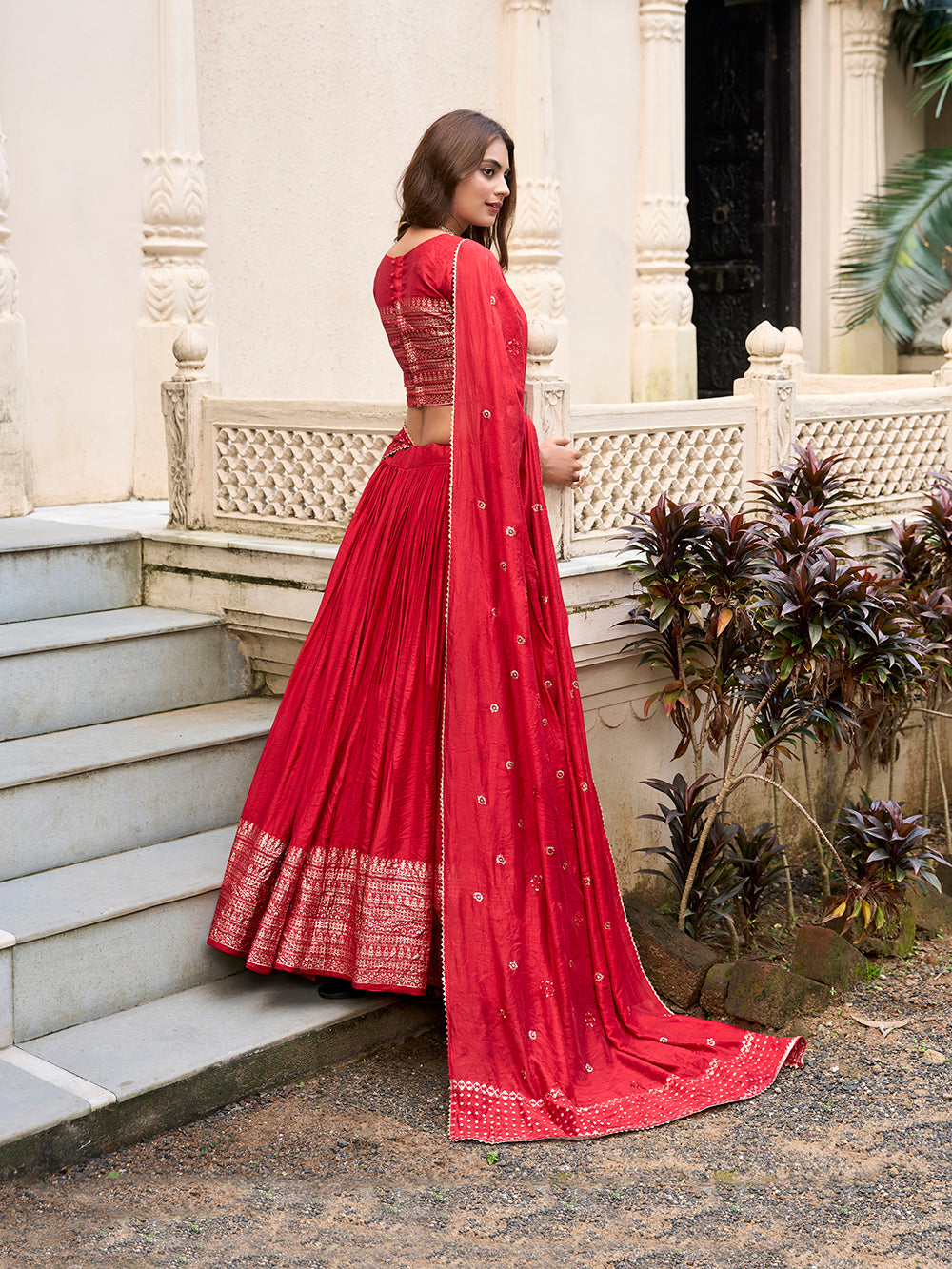 Green Pure Chanderi Lehenga Choli with Zari Weaving Work & Dupatta