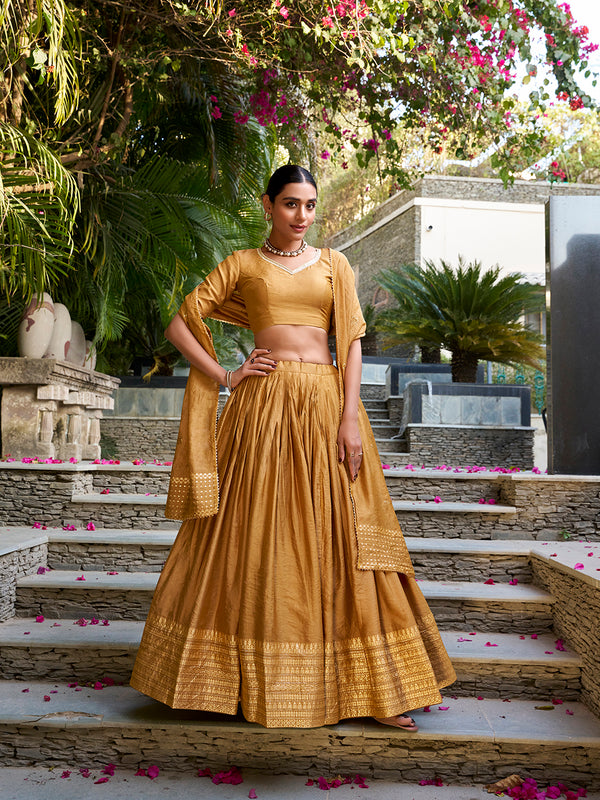 Mustard Color Plain With Zari Weaving Work Chanderi Lehenga Choli