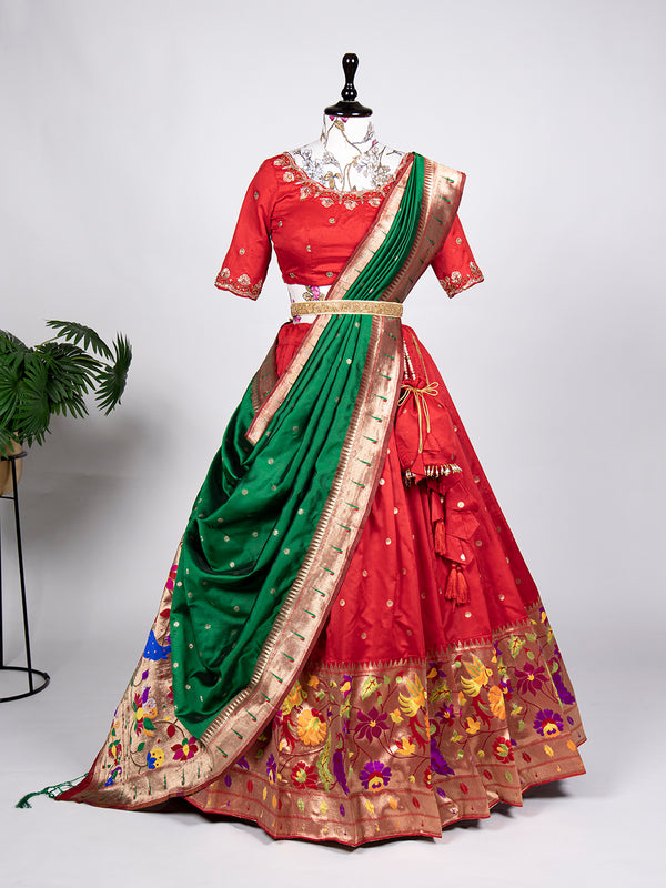 Red Color Weaving Zari Work jacquard Paithani Silk Lehenga Choli