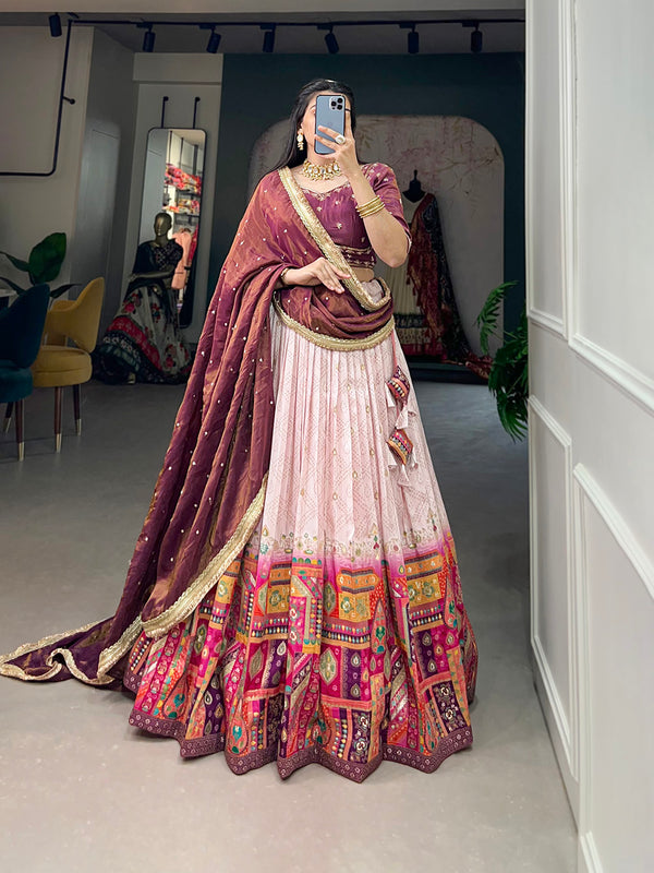 Light Pink Color Bandhej And Position Print With Viscose Jacquard Silk Indian Lehenga Choli
