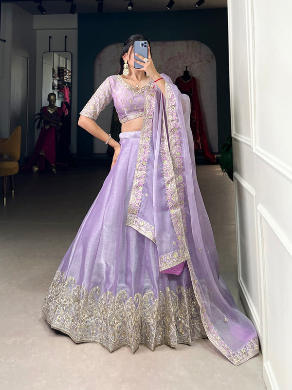 Lavender Color Sequins Embroidery Work Lace Border With Burberry Silk Wedding Lehenga Choli