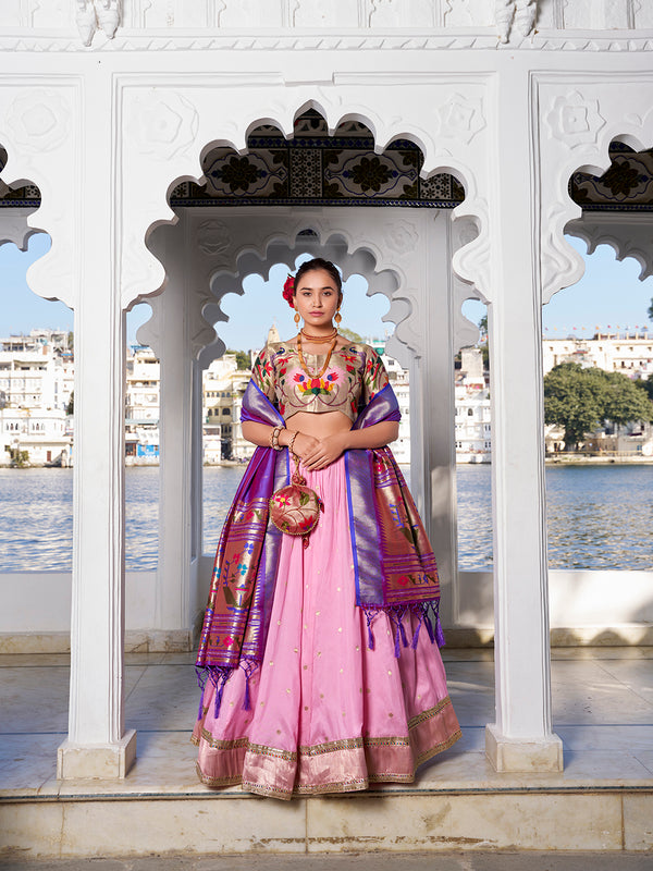 Light Pink Color Weaving Zari Work With Jacquard Silk (Paithani) South Wedding Lehenga Choli