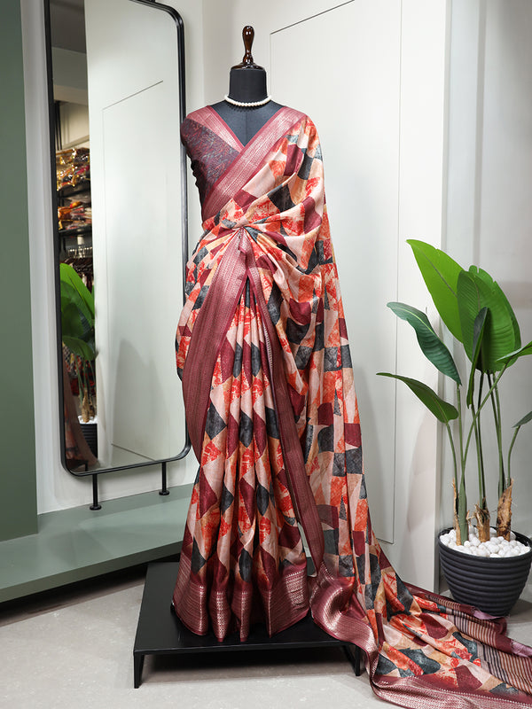Maroon Color Printed With Zari Border Dola Silk Saree
