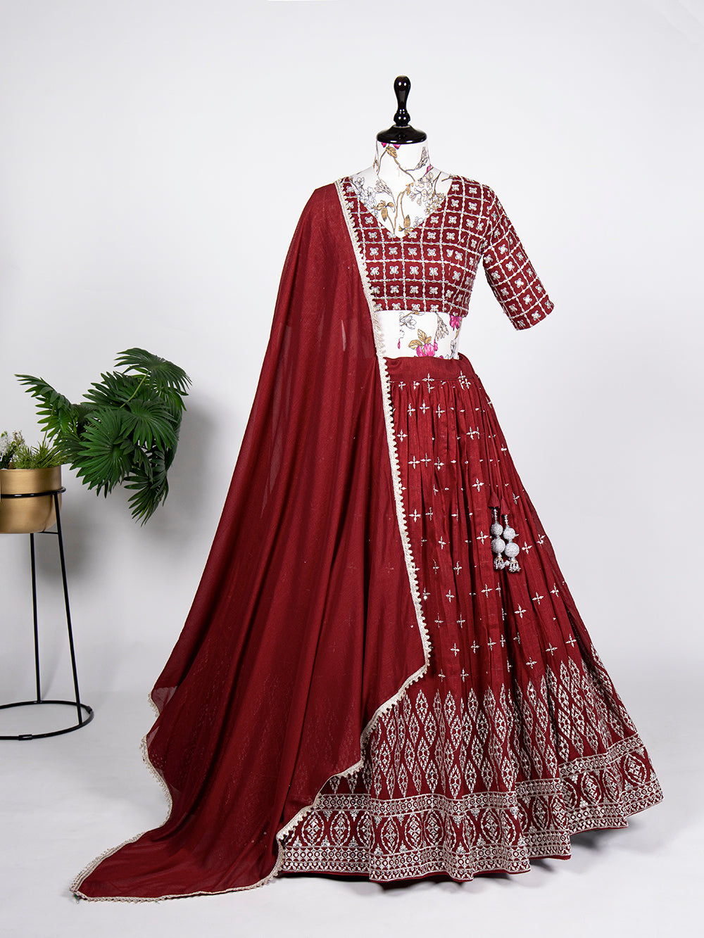 Maroon Plain Lehenga With Embroidery Work Tunic Top