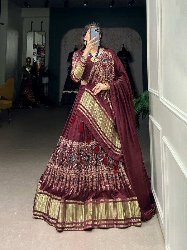 Maroon Color Digital Print With Lagadi Patta Gaji Silk Lehenga Choli