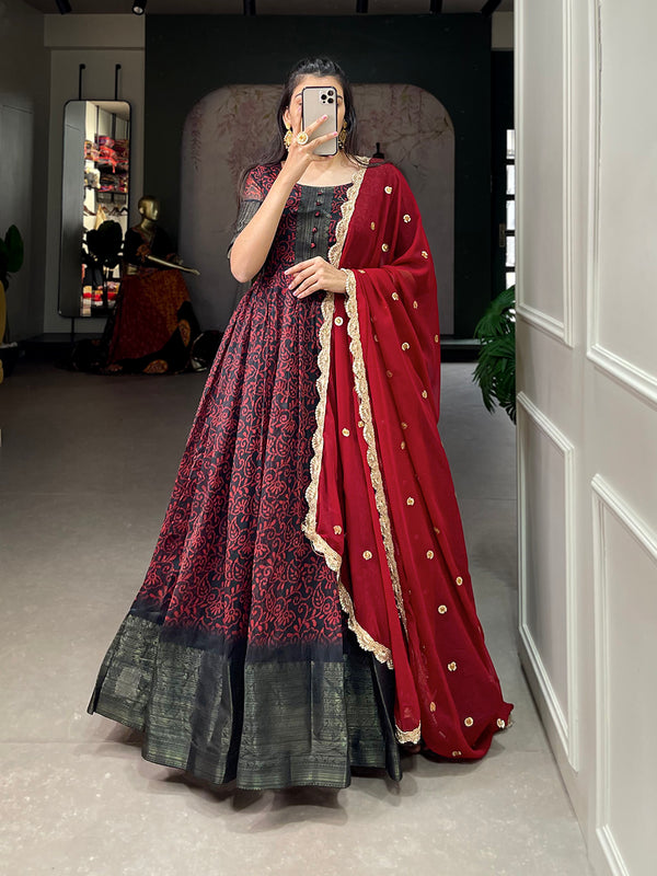 Maroon Color Printed With Weaving Work Patta Soft Chanderi  Dress