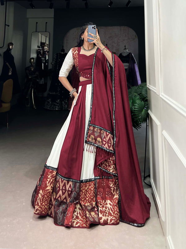 Maroon Color Plain And Printed With Paper Mirror Work Rayon Lehenga Choli