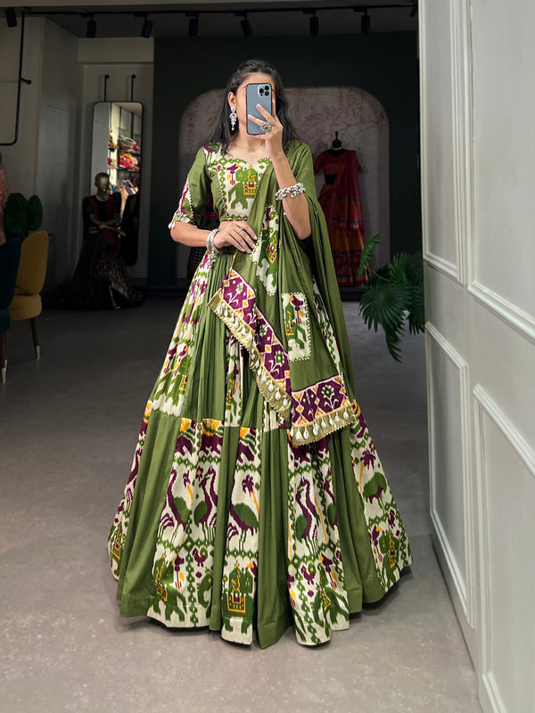 Mehandi Color Plain With Printed Rayon And Silk Traditional Lehenga Choli