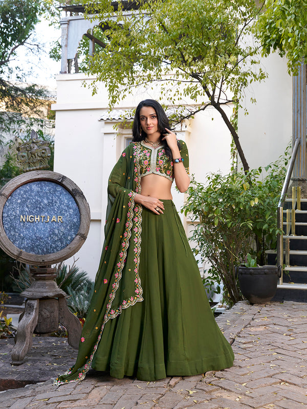 Mehendi Color Plain With Sequins And Thread Embroidery Work Georgette Lehenga Choli