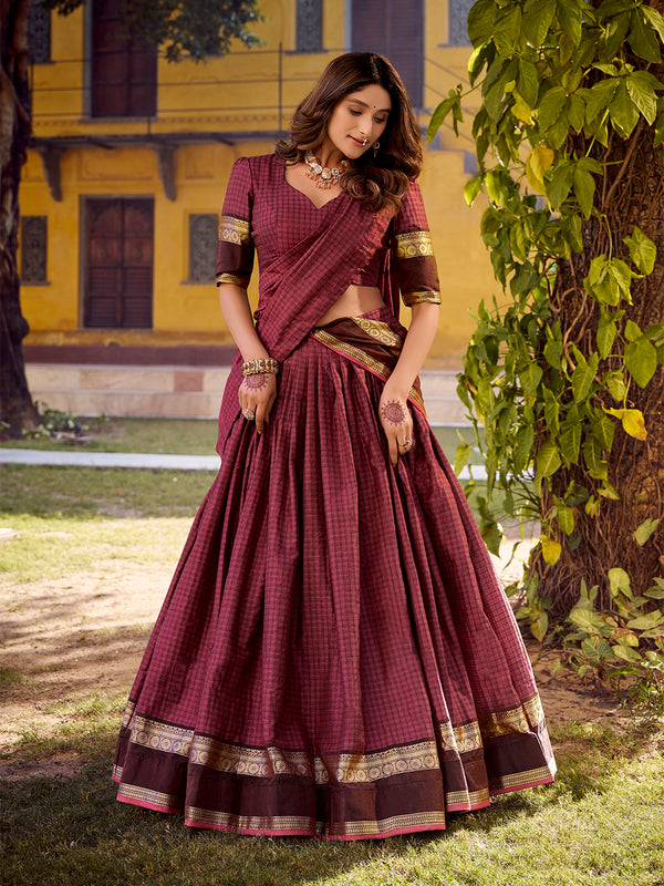 Mulberry Color Chex With Zari weaving Work Chettinad Cotton Lehenga Choli