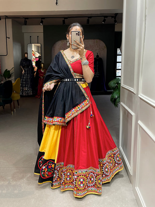 Red Color Gamthi And Mirror Work For Garba Choli