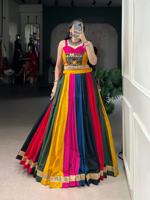 Multi Color Embossed Lace Design Cotton Lehenga Choli