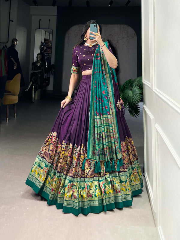 Purple Color Printed Foil Work Tussar Silk Lehenga Choli
