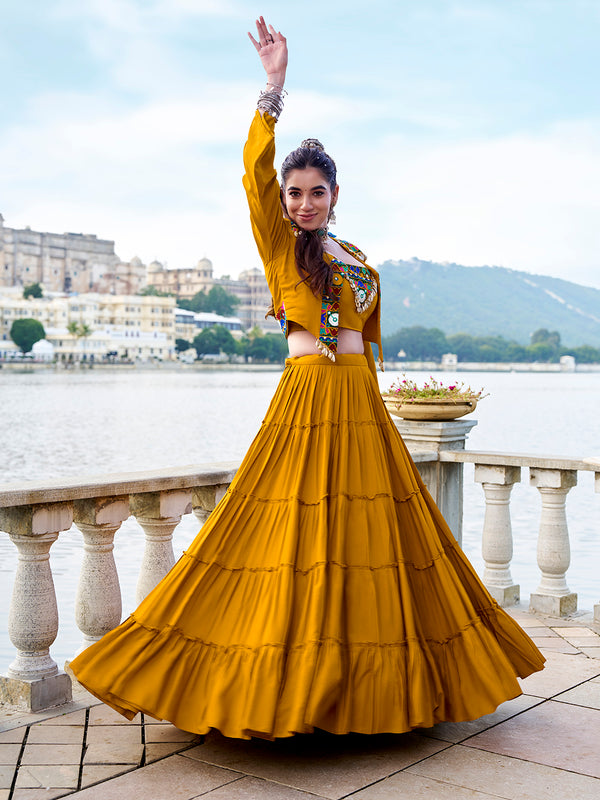 Mustard Color Gamthi Work With Cowrie Touch Up Rayon Co-Ord Set