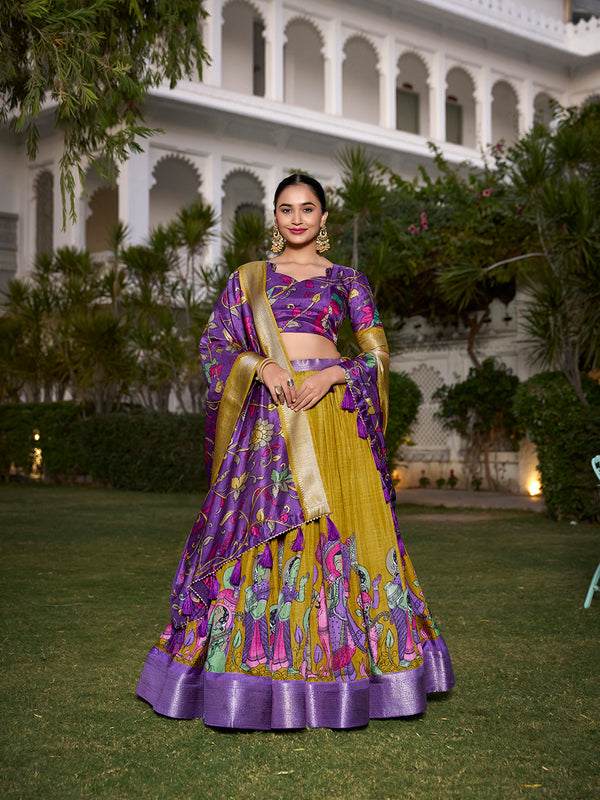 Mustard Color Printed (Kalamkari) With Zari Weaving Border Dola Silk Lehenga Choli