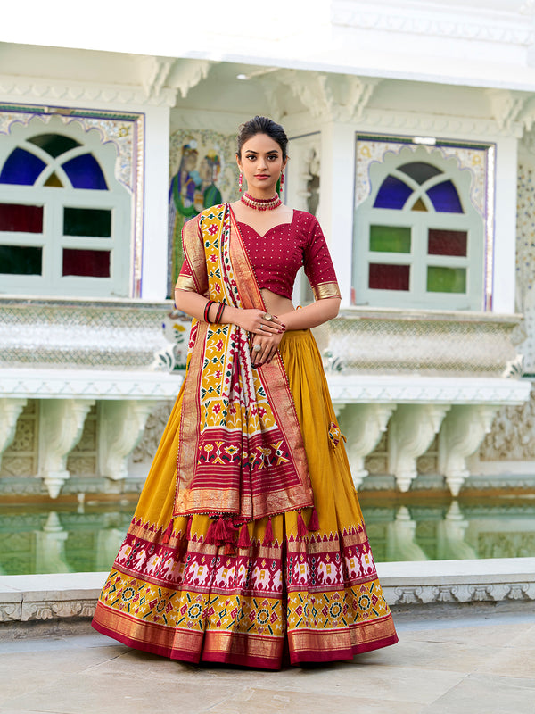 Mustard Color Patola Print With Foil Work Tussar Silk Lehenga Choli