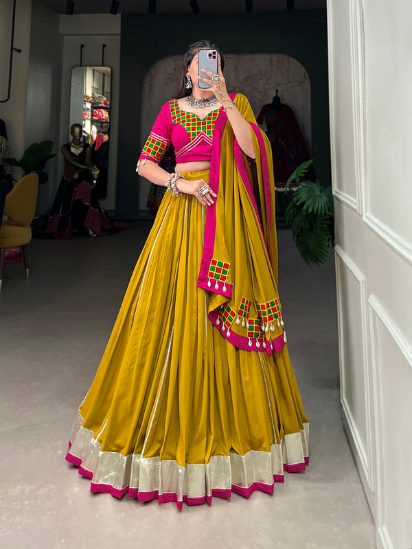 Mustard Color Plain With Gamthi Work Rayon Navratri Chaniya Choli