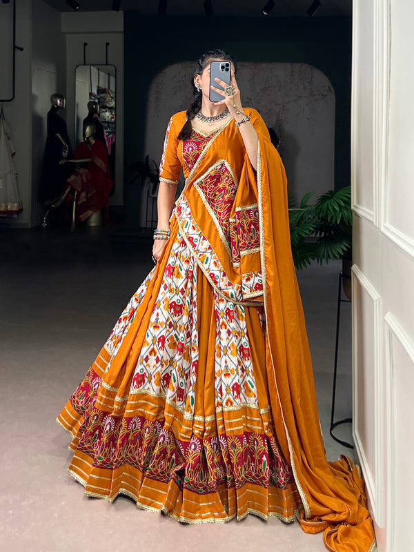 Mustard Color Patola Print With Gamthi Work Rayon Chaniya Choli