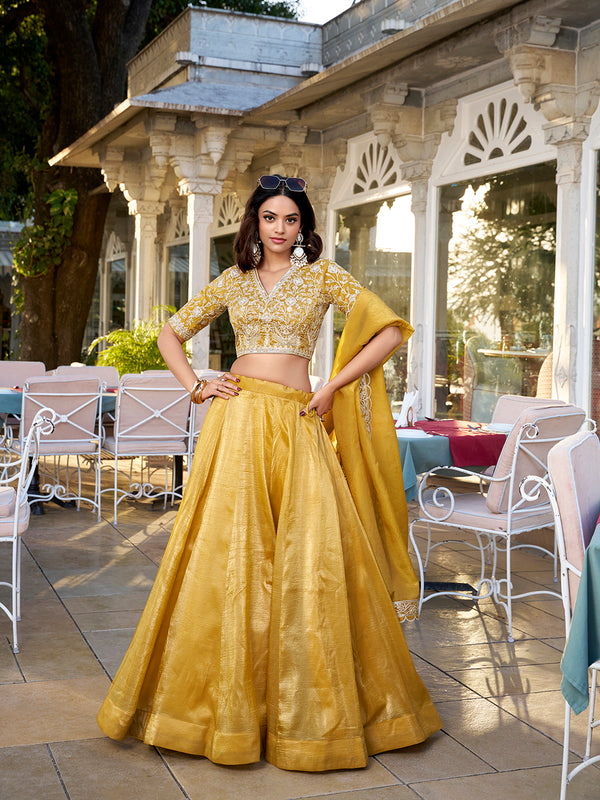 Mustard Color Plain Goldie Haldi Rasam Lehenga Choli