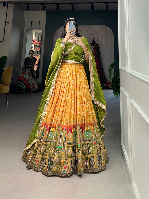 Mustard Color Bandhej And Position Print With Viscose Jacquard Silk Haldi Outfit