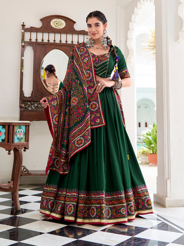 Green Color Gamthi Print And Embossed Design Tussar Silk Lehenga Choli