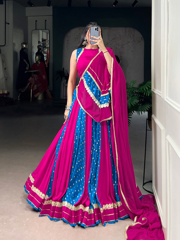 Pink Color Bandhej Print With Lace Touch Up Tasar Silk Chaniya Choli