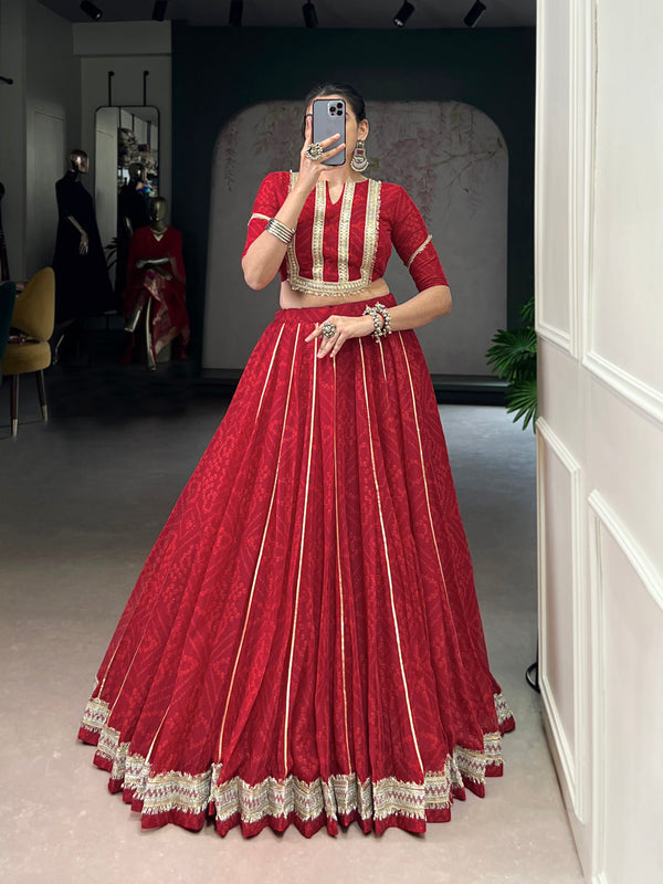 Red Color Bandhej Print With Lace Touch Up Chiffon Chaniya Choli