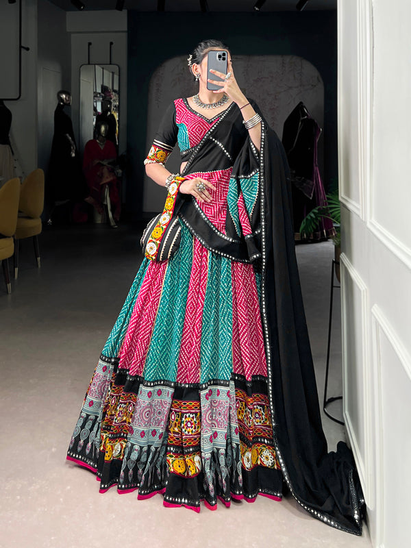 Pink Color Bandhej And Ajarakh Printed Rayon Chaniya Choli