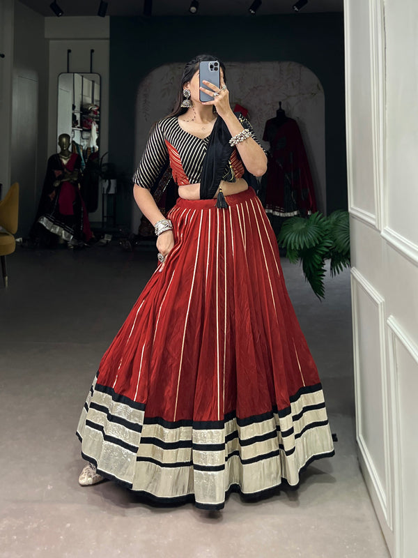 Maroon Color Plain With Zari Line Gota Patti And Embossed Design Chanderi Ghaghra Choli