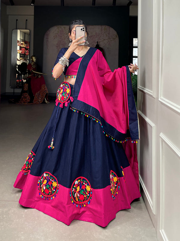 Navy Blue Color  Gamthi Patch Work With Colorful Cowrie(kodi) Work Cotton Chaniya Choli