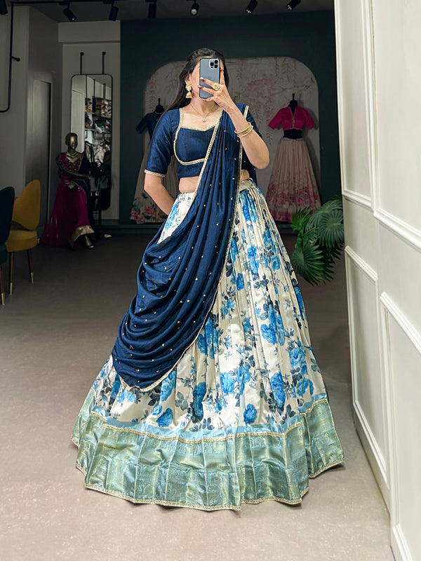 Navy Blue Color Floral Print With Zari Weaving Work Dola Silk Lehenga Choli