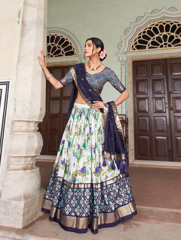 Navy Blue Color Floral And Patola Printed With Foil Work Tussar Silk Traditional Lehenga Choli