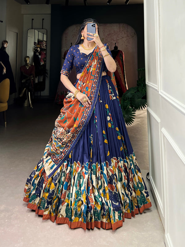 Navy Blue Color Kalamkari Print With Foil Work Tussar Silk Lehenga Choli