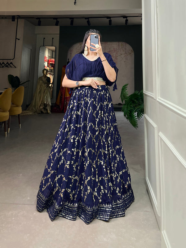 Navy Blue Color Sequins And Thread Embroidery Work Crushed Georgette Co-Ord Set Lehenga Choli