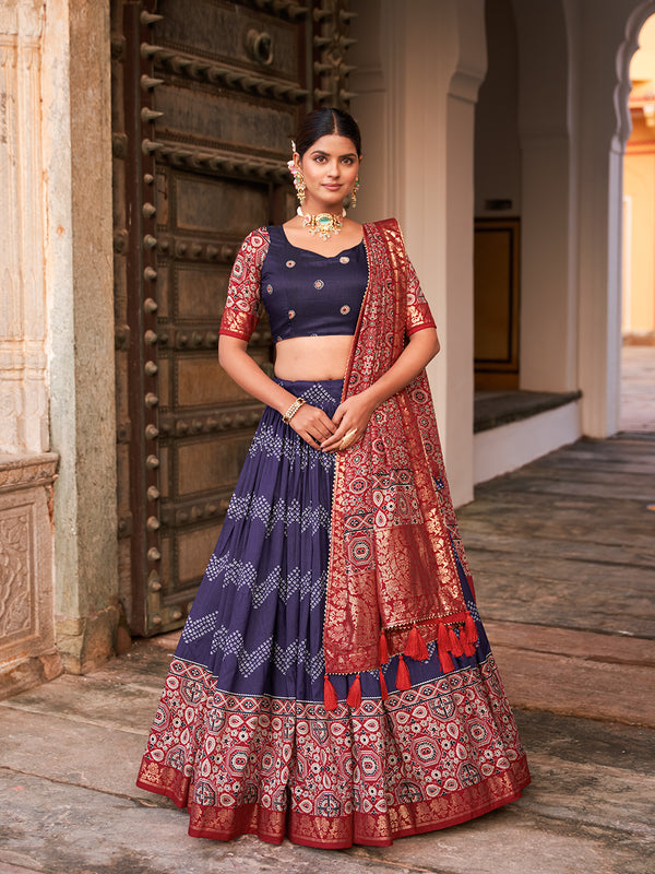 Navy Blue Color Dot And Ajrakh With Foil Work Tussar Silk Lehenga Choli