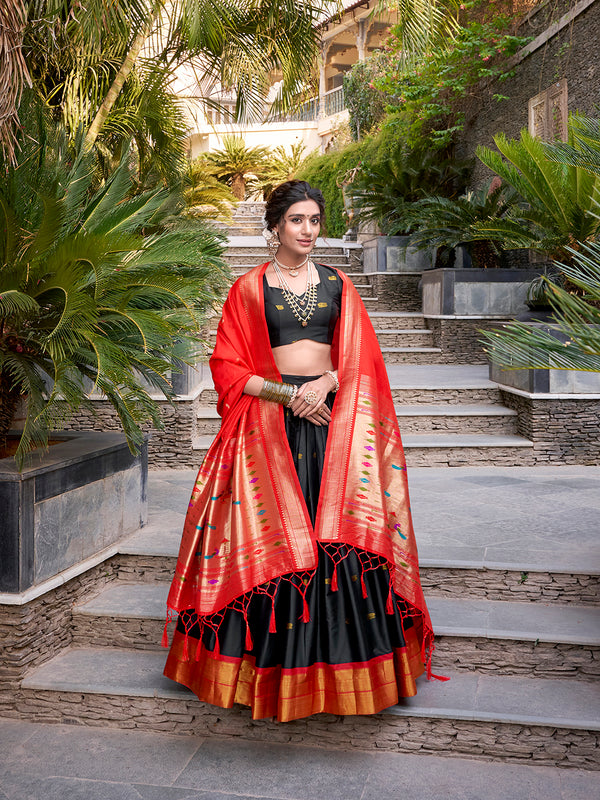 Black Color Zari Weaving Work Jacquard Silk(Paithani) Lehenga Choli