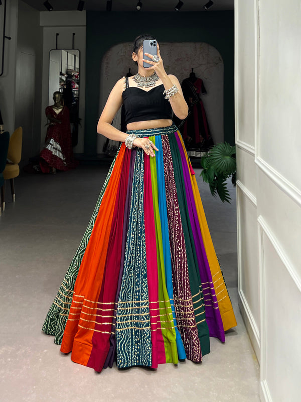 Multi Color Plain And Printed With Gota Patti Touch Up Rayon Co-ord Set Ghaghra Choli