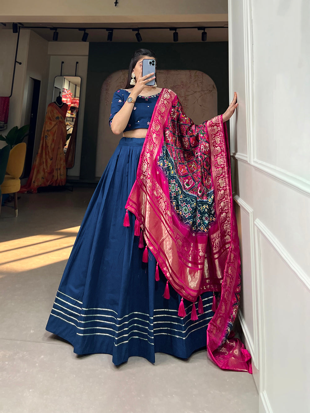 new collection for women wear navy blue color hand mirror work cotton plain lehenga choli by looknbook art