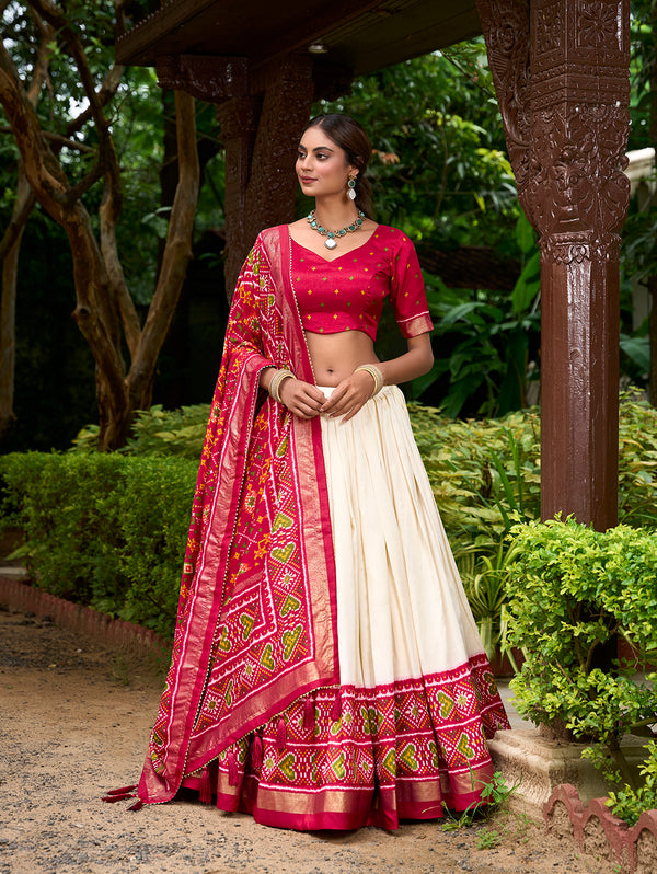 Red Color Patola Print With Tussar Silk Lehenga Choli