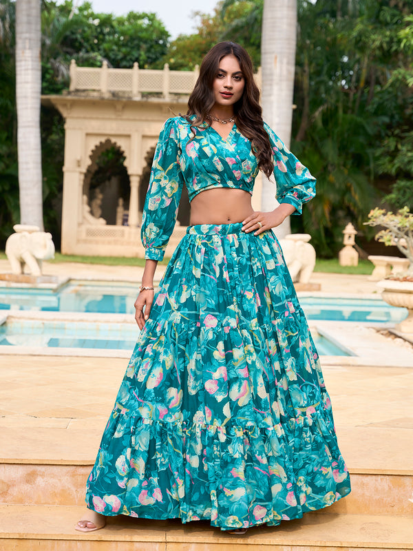 Teal Color Floral Printed Georgette Chex Co-ord Set Lehenga Choli