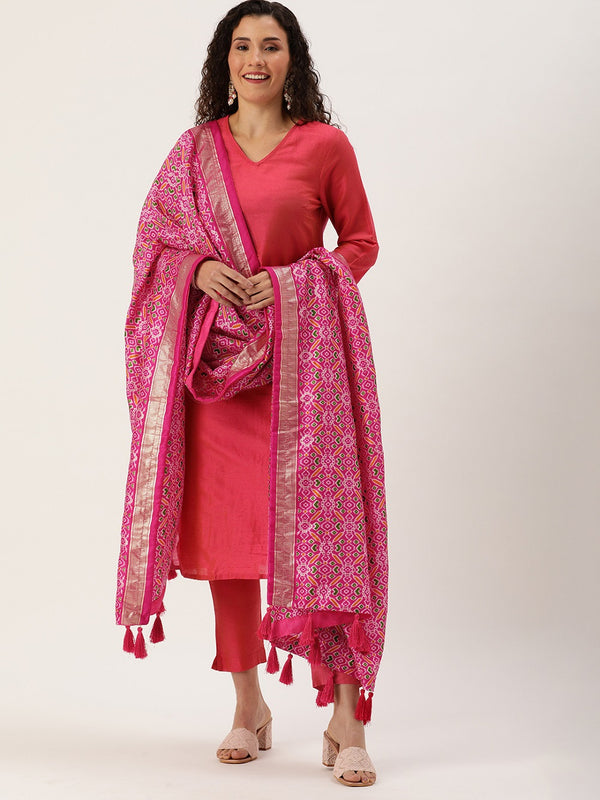 Pink Color Patola Print With Foil Work Also Comes With Tassels Tussar Silk Dupatta