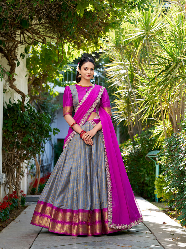 Gray Color Zari Weaving Work With Chex Lehenga Choli