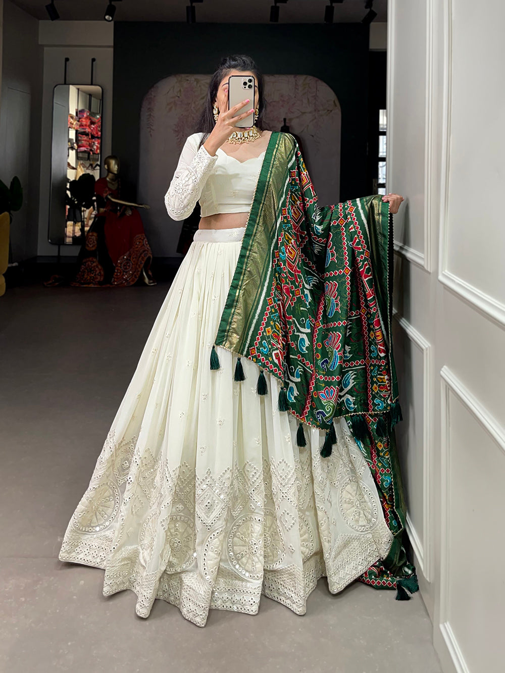 Cream Gold Mirror Work Lehenga Set | Indian outfits lehenga, Mirror work  lehenga, Lehenga designs simple