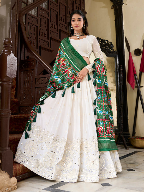 White Color Lucknowi Paper Mirror Work Georgette lehenga Choli