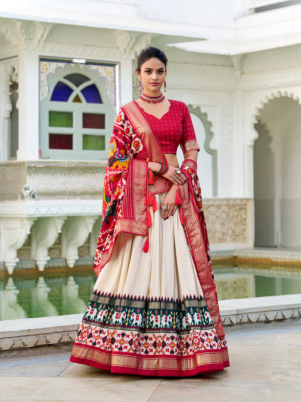 Off White Color Haydrabad Patola Print With Foil Work Tussar Silk Lehenga Choli