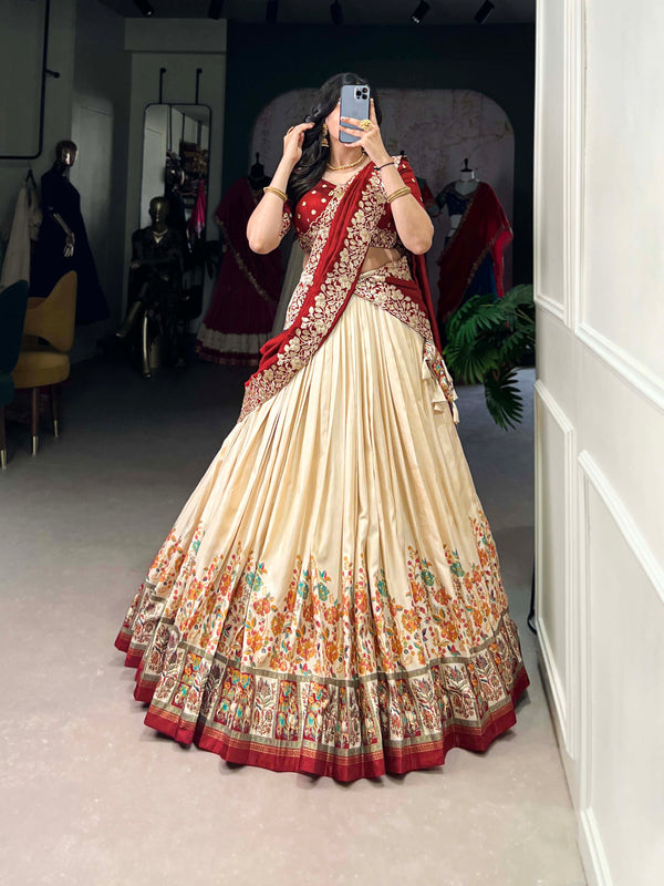 Off White Color Printed With Foil Work Tussar Silk Lehenga Choli