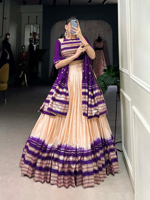 Cream Color Plain With Zari Weaving Work border Pure Chanderi Lehenga Choli