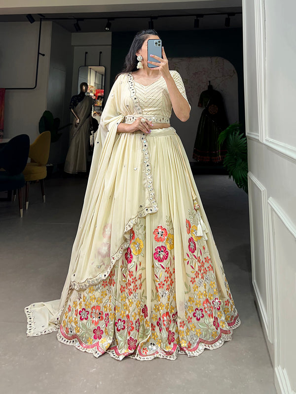Off White Color Sequins And Embroidery With Original Mirror Work Georgette Lehenga Choli