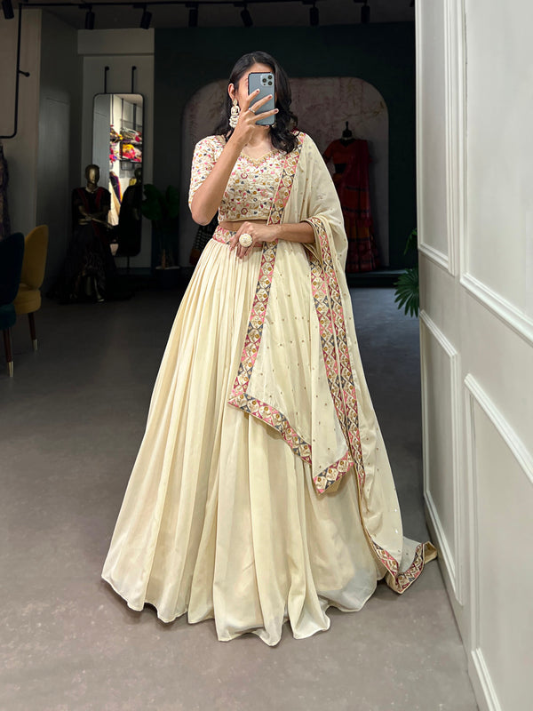 Off White Color Sequins and Thread Embroidery Work Georgette Lehenga Choli