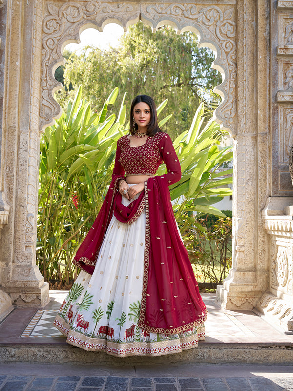 White Color Sequins And Thread Embroidery Work Georgette Lehenga Choli